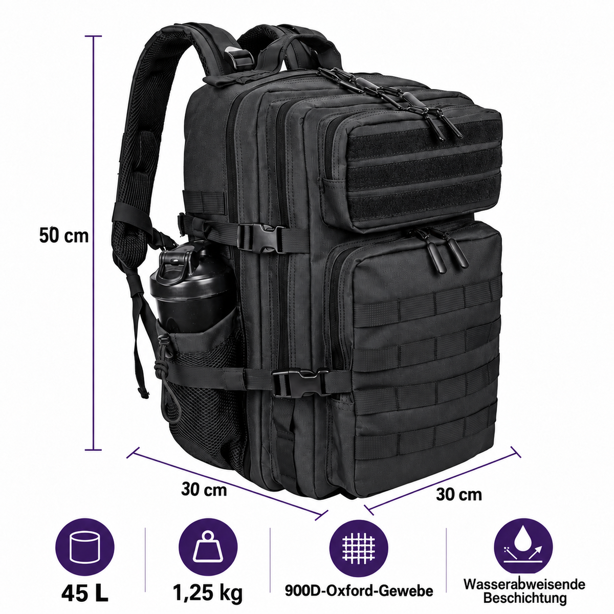 Tactical Backpack 45L in Schwarz – 50 × 30 × 30 cm, 1,25 kg und 900D-Oxford-Gewebe