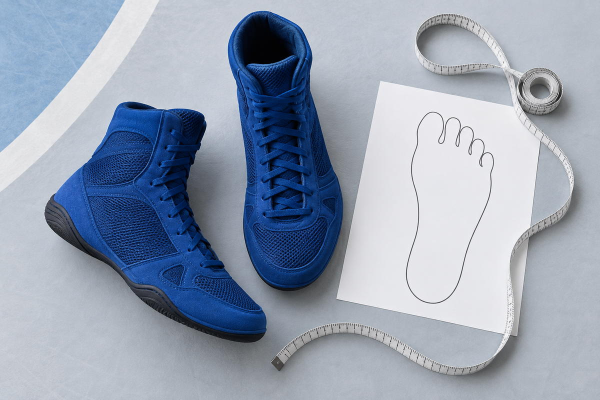 Blaue Ringerschuhe mit Massband und Fussumriss zur Grössenbestimmung