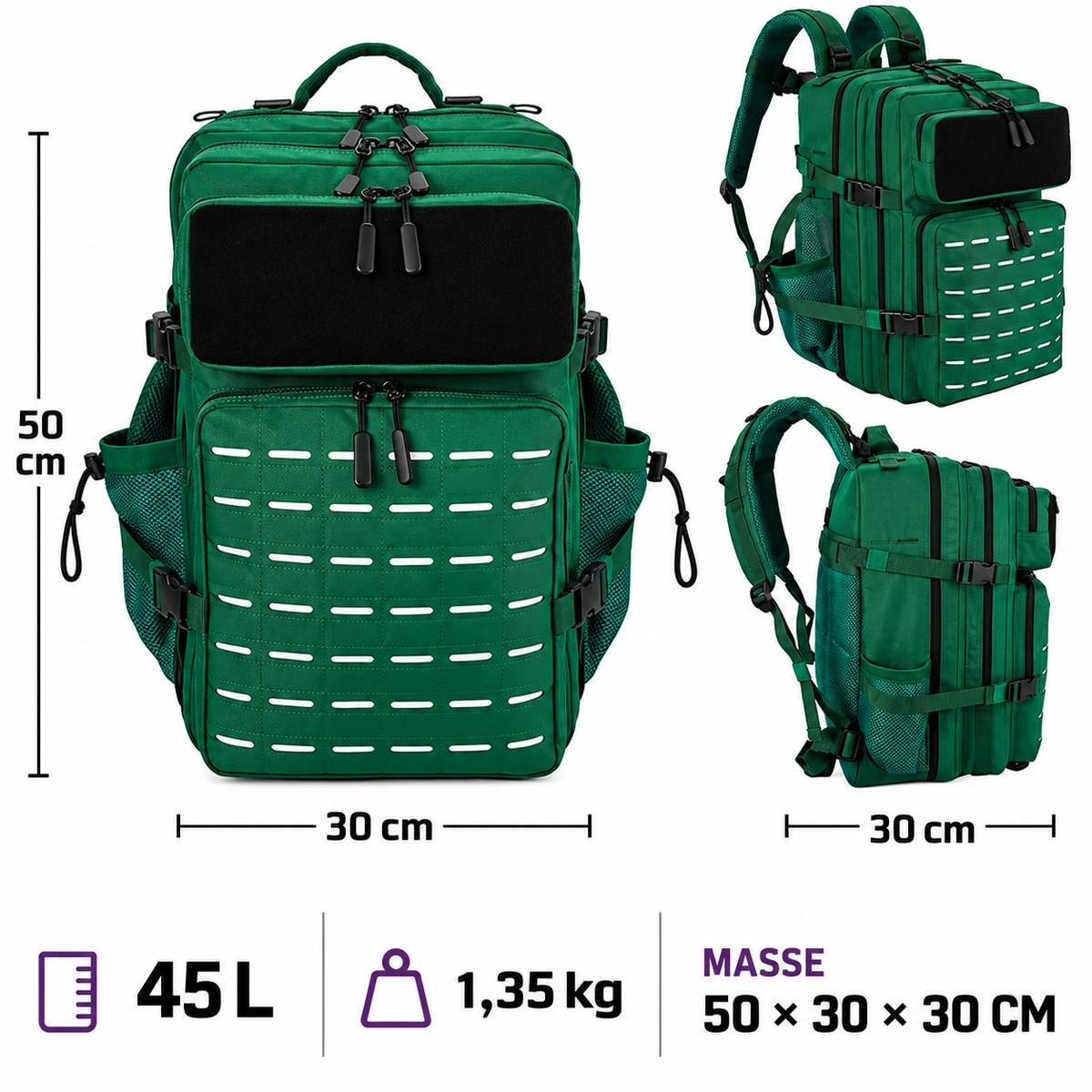 Premium Tactical Backpack 45L – Masse 50 × 30 × 30 cm und Gewicht 1,35 kg