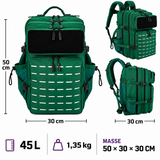 Premium Tactical Backpack 45L – Masse 50 × 30 × 30 cm und Gewicht 1,35 kg