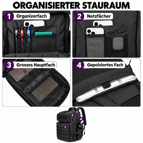 Tactical Backpack 45L in Schwarz – Organizerfach, Netzfächer, Hauptfach und gepolstertes Fach