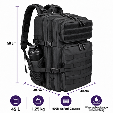 Tactical Backpack 45L in Schwarz – 50 × 30 × 30 cm, 1,25 kg und 900D-Oxford-Gewebe